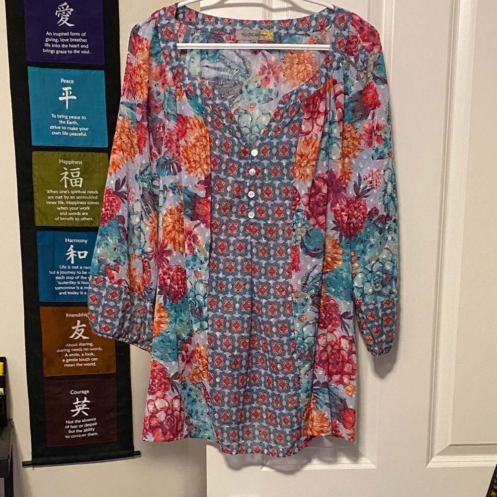 Cato Vibrant Floral Tunic with Blue and Red Accents